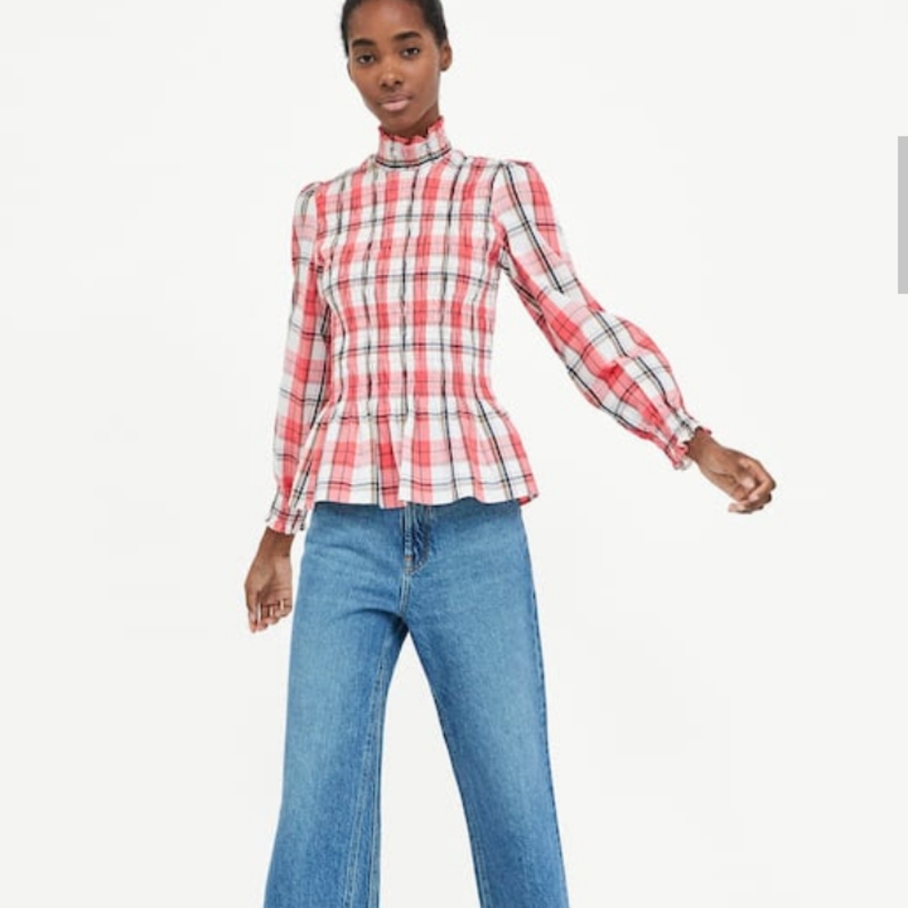 Zara Smocked Plaid Peplum Blouse